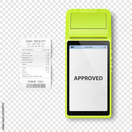 Vector 3d NFC Payment Machine, Approved Status and Paper Check, Receipt Isolated. Wi-fi, Wireless Payment. POS Terminal, Machine Design Template of Bank Payment Contactless Terminal, Mockup. Top VIew