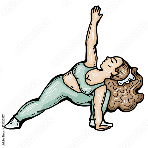 Curvy plus size woman has yoga class and make relaxation pose to be strong and trains her body. Hand drawn colorful retro vintage illustration. Comics cartoon old school style drawing.