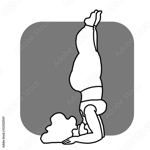 Curvy plus size woman has yoga class and make relaxation pose to be strong and trains her body. Hand drawn simple monochrome illustration. Comics cartoon line drawing.