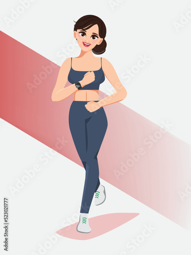 Young healthy woman exercise with running character. Flat cartoon vector design.