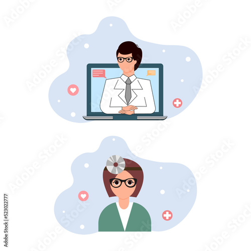 A set of two illustrations. The doctor conducts an online consultation. The topic of telemedicine.