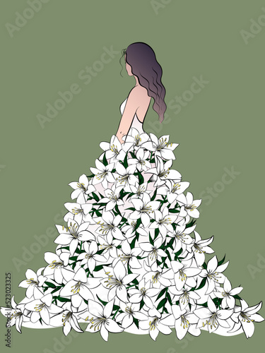 Vector bride in wedding dress with lily on green background. Luxury style background.