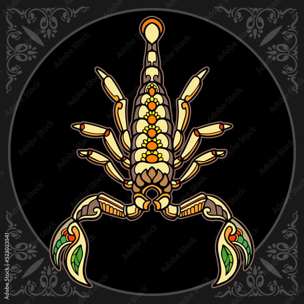 Obraz premium Colorful Scorpion zentangle arts isolated on black background