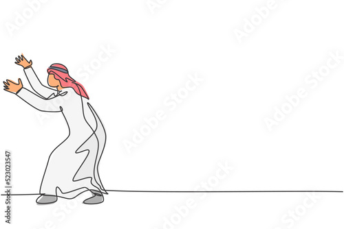Continuous one line drawing of young Arab businessman pose holding gesture, protection from business threat. Hard worker minimalist concept. Trendy single line draw design vector graphic illustration