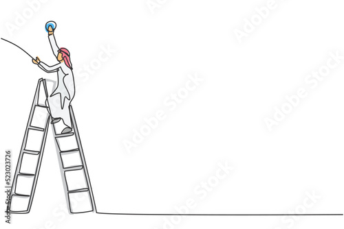 Single continuous line drawing of young Arabian handyman climb the ladder up to fix a bulb lamp. Professional worker. Minimalism concept dynamic one line draw graphic design vector illustration