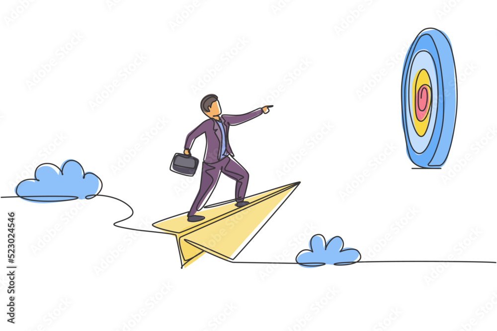 Continuous one line drawing young male worker focus flying with paper air plane into target dartboard. Success business manager. Minimalist concept. Single line draw design vector graphic illustration