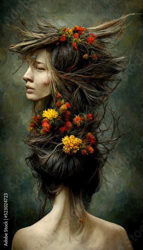 Artistic abstract women portrait and flowers in the hair