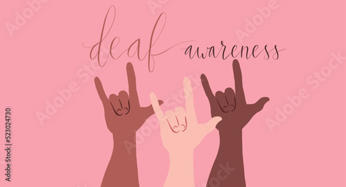 Deaf awareness month september handwritten calligraphy. Human hand showing I love you in sign language