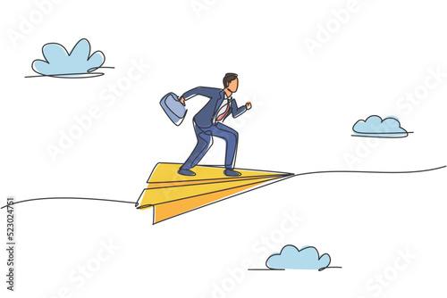 Continuous one line drawing young male worker pose ready to sprint on flying paper airplane. Success business manager metaphor. Minimalist concept. Single line draw design vector graphic illustration