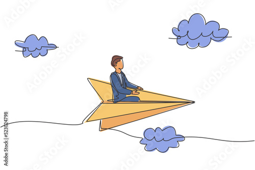 Single one line drawing of young smart business man flying with paper aircraft relax and cool. Business travel metaphor concept. Modern continuous line draw. Minimal design graphic vector illustration