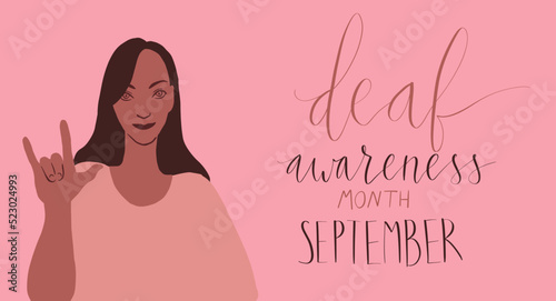 Deaf awareness month september handwritten calligraphy. African american woman showing I love you in sign language Vector card template.