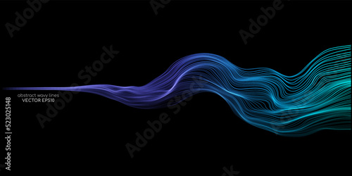 Vector wave lines smooth flowing dynamic blue green gradient light isolated on black background for concept of technology, digital, communication, science, music