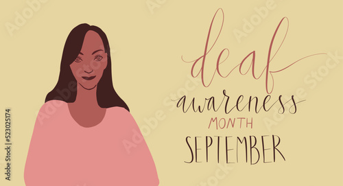Deaf awareness month september handwritten calligraphy. African american woman illustration. Vector card template.