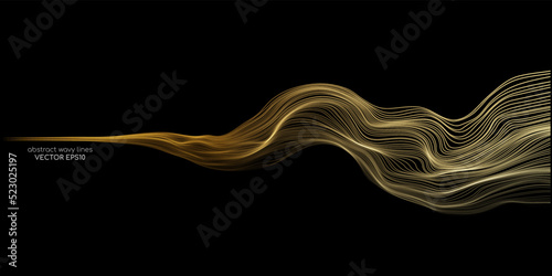 Vector wave lines smooth flowing dynamic gold gradient light isolated on black background for concept of luxury, technology, digital, communication, science, music