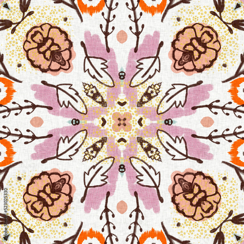 Fototapeta Naklejka Na Ścianę i Meble -  Retro fifties floral french printed fabric pattern for shabby chic home decor style. Pretty scandi country cottage flower geometric seamless background. Patchwork quilt effect tile.