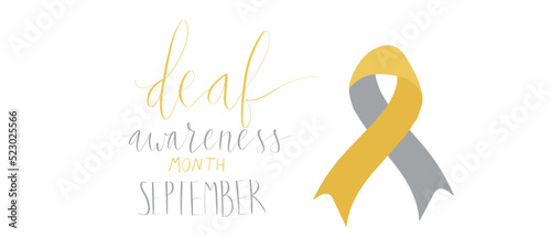 Deaf awareness month september handwritten calligraphy. Yellow and gray support ribbon. Vector card template.