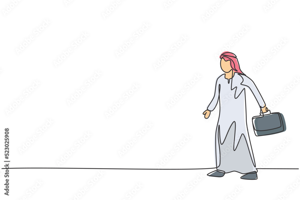 Continuous one line drawing young Arab male worker walking to his office while holding briefcase. Success business manager minimalist concept. Single line draw design vector graphic illustration Continuous one line drawing young Arab male worker walking to his office while holding briefcase. Success business manager minimalist concept. Single line draw design vector graphic illustration