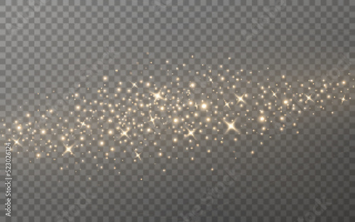 Glitter trail with gold stars. Shining particles and sparks. Glowing wave with bright dust. Flying golden path with stardust. Christmas decoration. Vector illustration