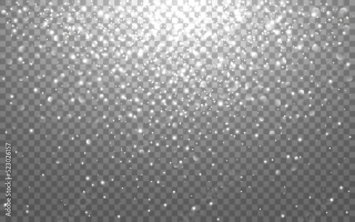 Silver bokeh background. Glitter light burst. White particles and sparks. Christmas design template. Beautiful glowing elements. Shiny circles. Vector illustration