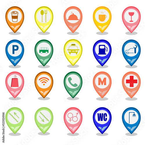 wayfinding signage. Set of color wayfinding system vector icons. Pointers on the map