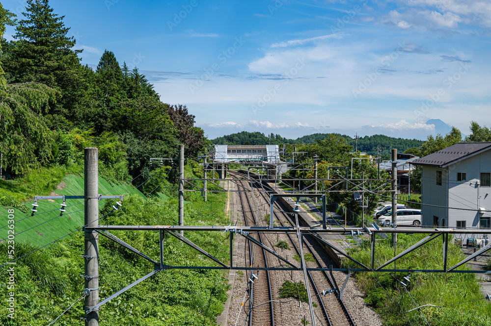 Fototapeta premium 富士山が見える田舎の駅
