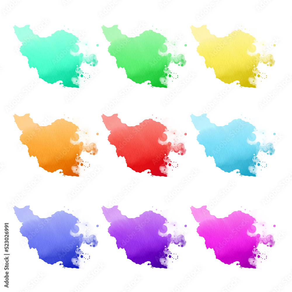 Country map watercolor sublimation backgrounds set on white background. Iran