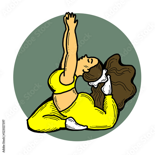 Curvy plus size woman has yoga class and make relaxation pose to be strong and trains her body. Hand drawn colorful retro vintage illustration. Comics cartoon old school style drawing.