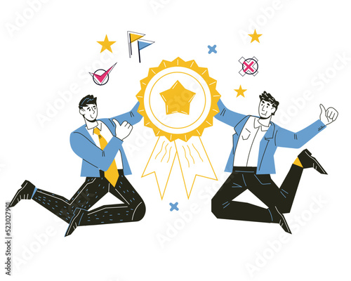 Business team with medal receive an award for achievements vector isolated.