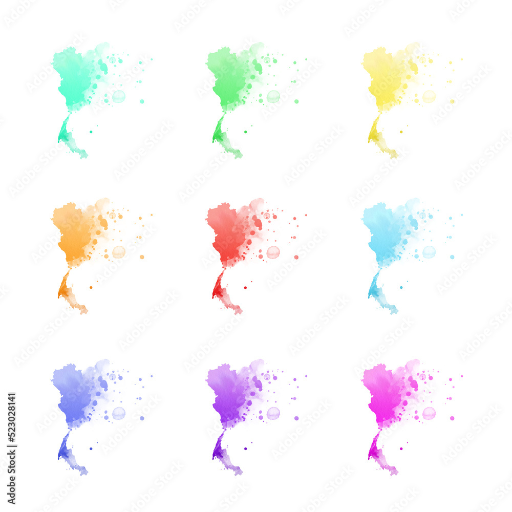 Country map watercolor sublimation backgrounds set on white background. Thailand