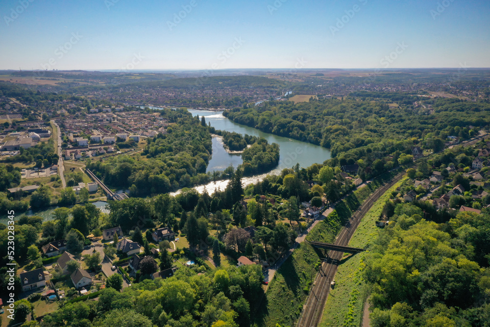 aerial view on the cities of Champagne sur Seine and Saint Mammès