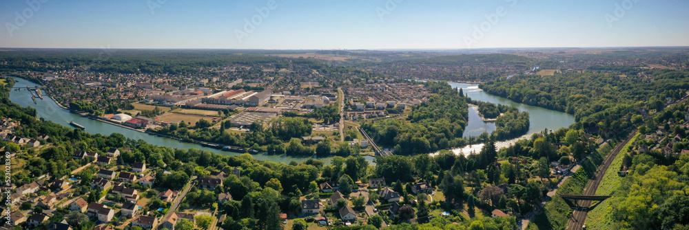 aerial and panoramic view on the cities of Thomery, champagne sur Seine and Saint Mammes in Seine et Marne in France