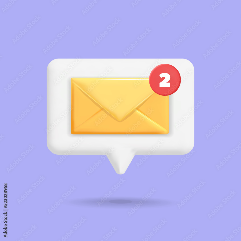 3d vector bubble speech with yellow mail envelope new inbox message icon design illustration. New unread incoming email letter with push notification symbol concept. App, web, internet, advertisement. 3d vector bubble speech with yellow mail envelope new inbox message icon design illustration. New unread incoming email letter with push notification symbol concept. App, web, internet, advertisement.