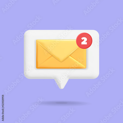 Fototapeta Naklejka Na Ścianę i Meble -  3d vector bubble speech with yellow mail envelope new inbox message icon design illustration. New unread incoming email letter with push notification symbol concept. App, web, internet, advertisement.