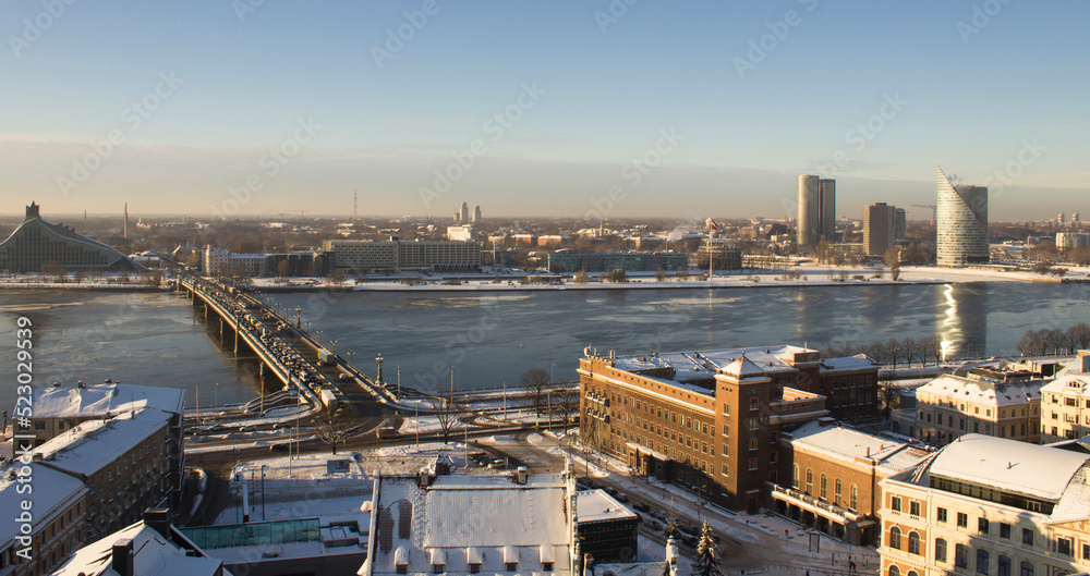Panoramic view from above to Riga on a winter day. Latvia. The Baltic States.