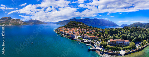  One of the most beautiful lakes of Italy - Lago di Como. aerial panorama of beautiful Bellagio village, popular tourist destination