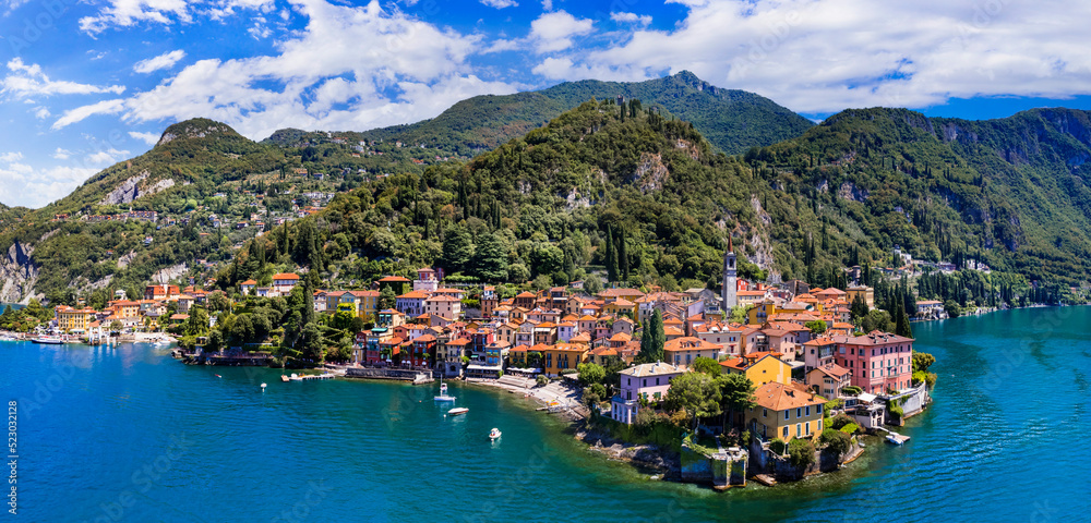 One of the most beautiful lakes of Italy - Lago di Como. aerial panoramic view of beautiful Varenna village, popular tourist attraction