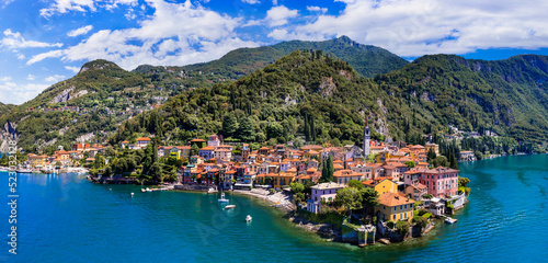 Fototapeta Naklejka Na Ścianę i Meble -  One of the most beautiful lakes of Italy - Lago di Como. aerial panoramic view of beautiful Varenna village, popular tourist attraction