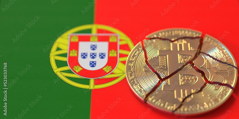 Flag of Portugal and broken bitcoin. Cryptocurrency ban or crypto legal issues concepts, 3d rendering