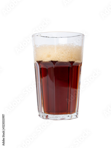 Cold glass of dark beer or kvass with foam in a glass isolated on white background