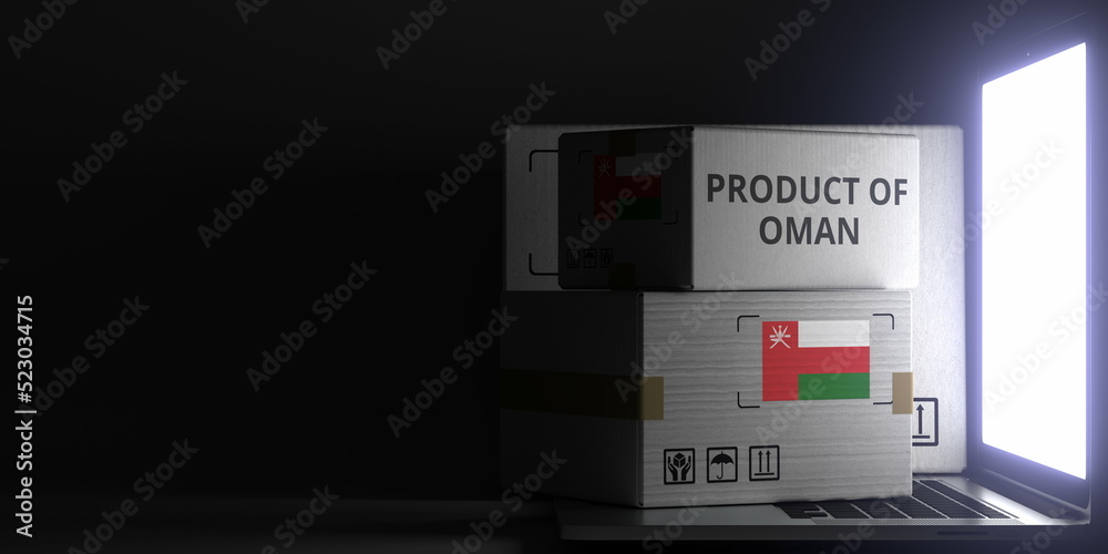 Cartons with PRODUCT OF OMAN text and flag on the laptop, black background. 3D rendering Cartons with PRODUCT OF OMAN text and flag on the laptop, black background. 3D rendering
