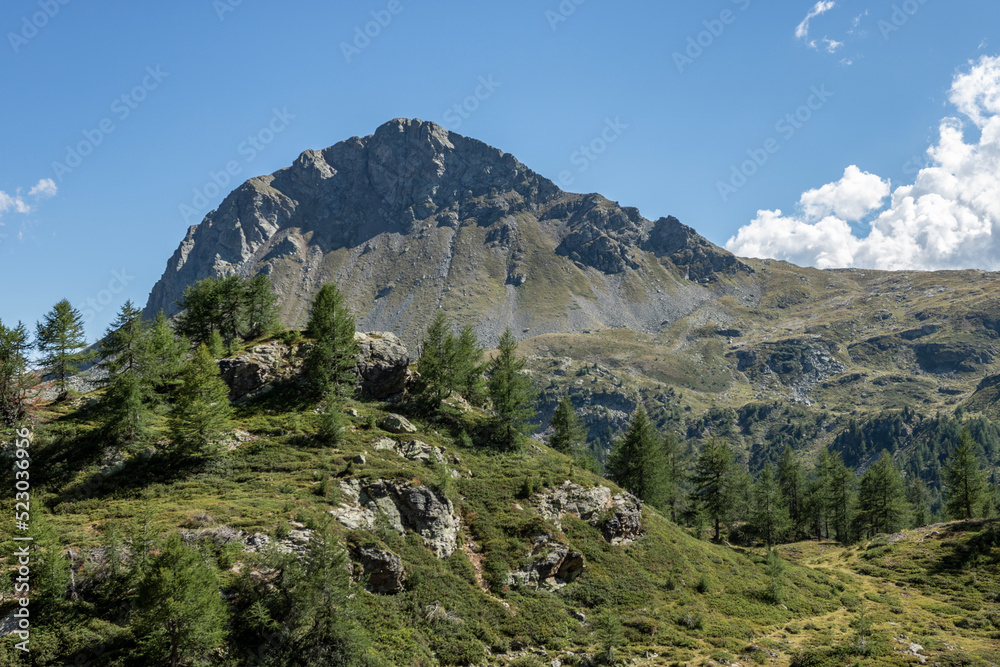 Fototapeta premium Swiss mountains and lakes on a sunny day with white clouds