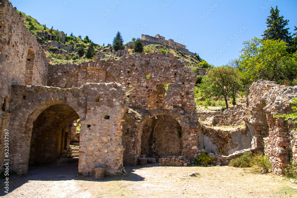 Mistra, Greece, July 20, 2022. The city of Mistra or Mystrás is an ancient city in the Peloponnese which is now in ruins