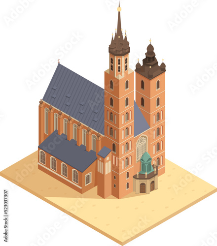 isometric saint mary basilica in krakow, vector illustration