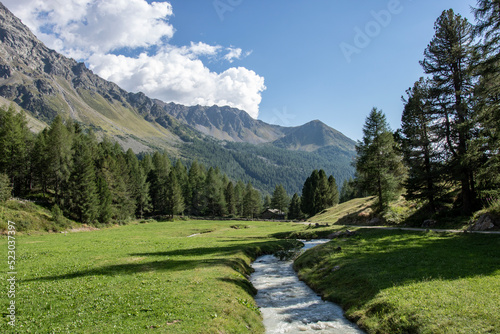 Swiss mountains and lakes on a sunny day with white clouds