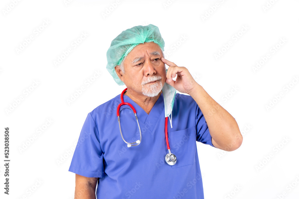 portrait of medical doctor in uniform, asian doctor elderly man wear a mask with stethoscope on white background. portrait of medical doctor in uniform, asian doctor elderly man wear a mask with stethoscope on white background.