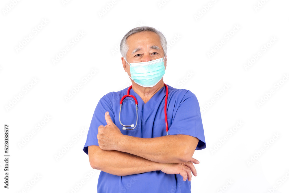 portrait of medical doctor in uniform, asian doctor elderly man wear a mask with stethoscope on white background. portrait of medical doctor in uniform, asian doctor elderly man wear a mask with stethoscope on white background.