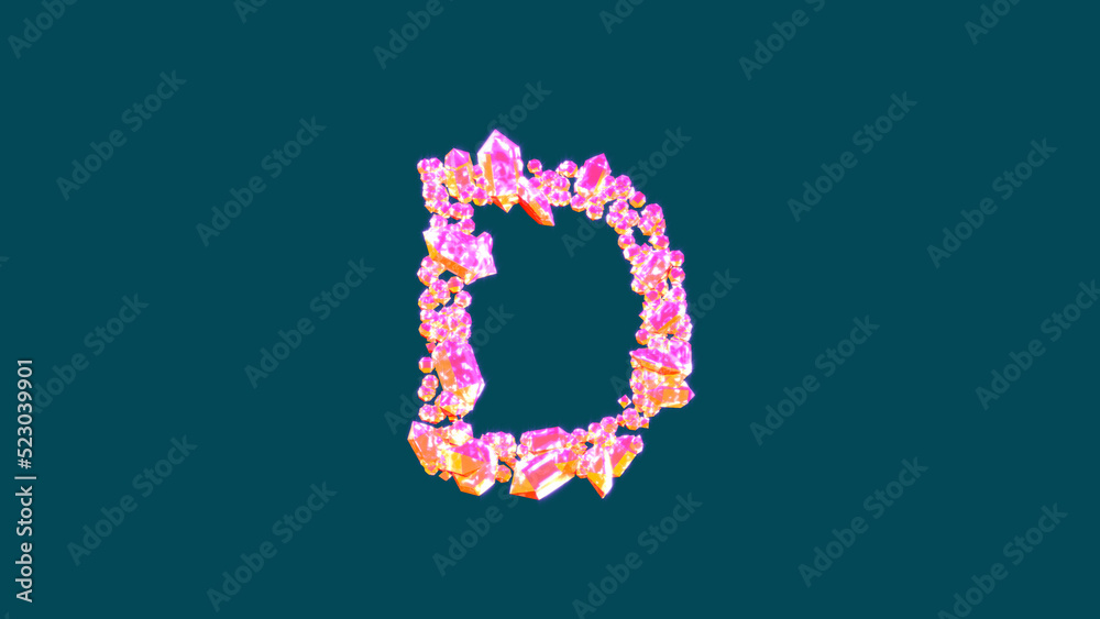 vivid pink and orange glamorous gems letter D on blue, isolated - object 3D illustration
