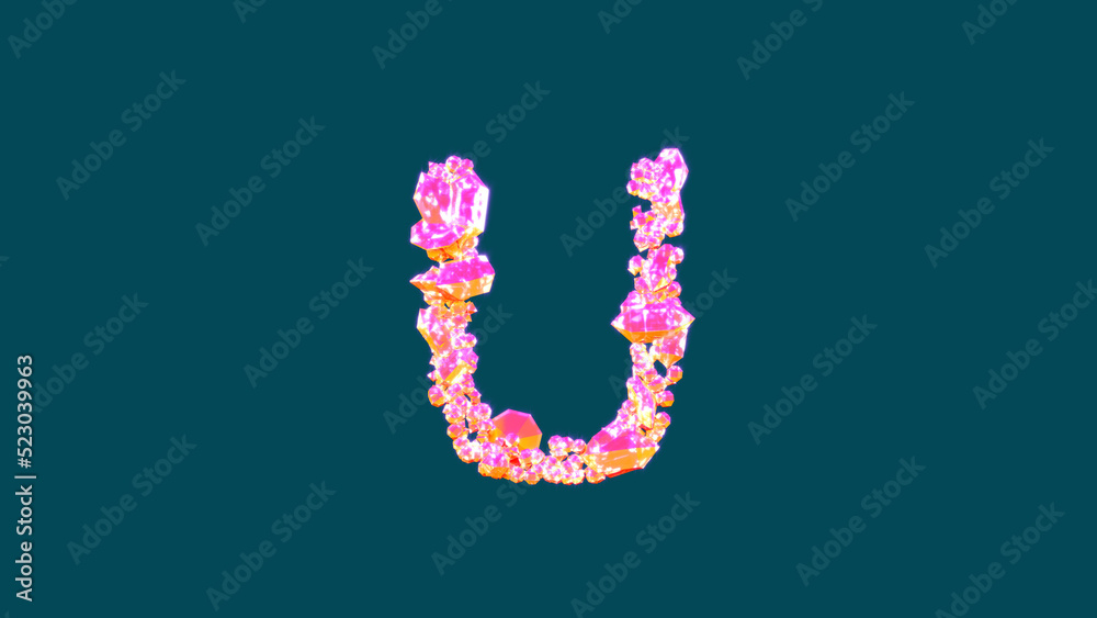 vivid pink and orange luxury diamonds letter U on blue, isolated - object 3D illustration