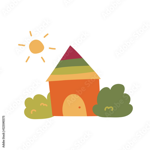Color vector illustration with cute little house in cartoon style. One of a series of colored houses. Little cute house with bushes and sun. Drawn by hand. Autumn concept