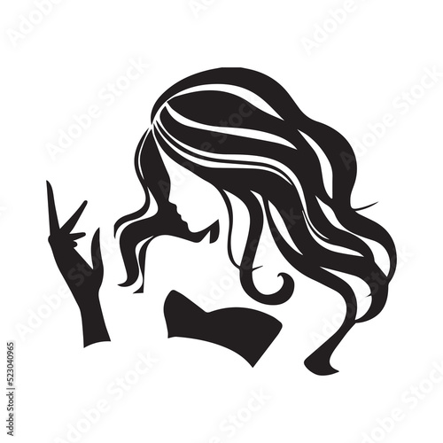 woman with long hair. black silhouette of a girl. beauty saloon. shadow of a woman. hairdresser. pretty haircut. vector illustration. lady with hand